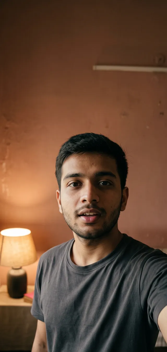 A creator talking straight into his phone's front camera in a small room