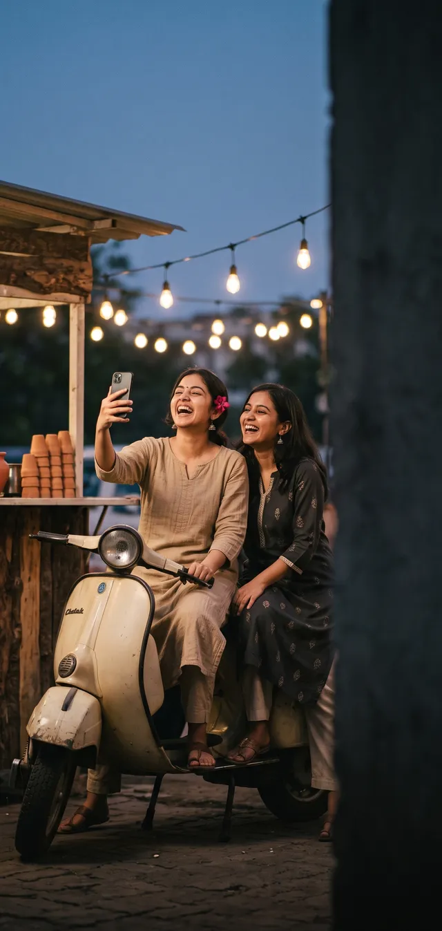 Two friends laughing while filming themselves on a scooter at a roadside tea stall