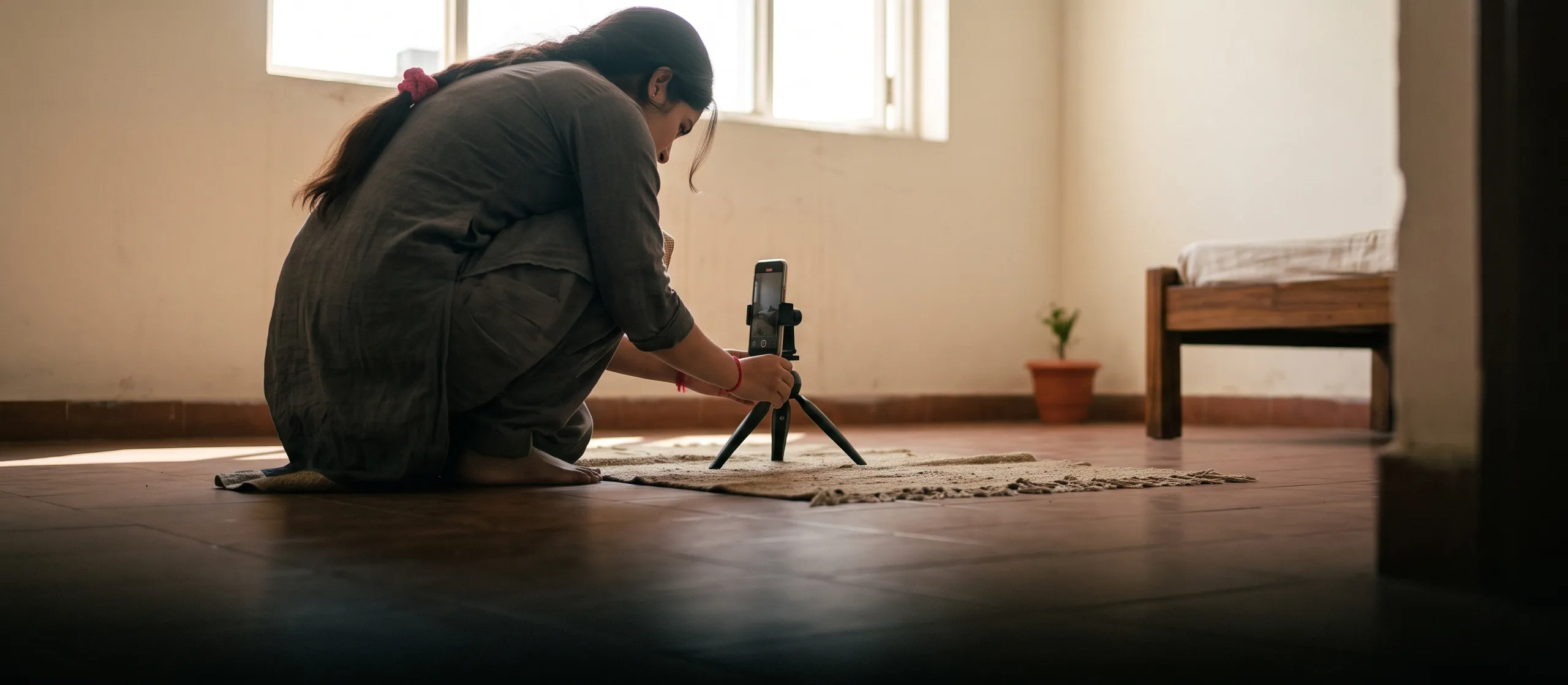 A creator kneeling on the floor to set up her phone on a small tripod