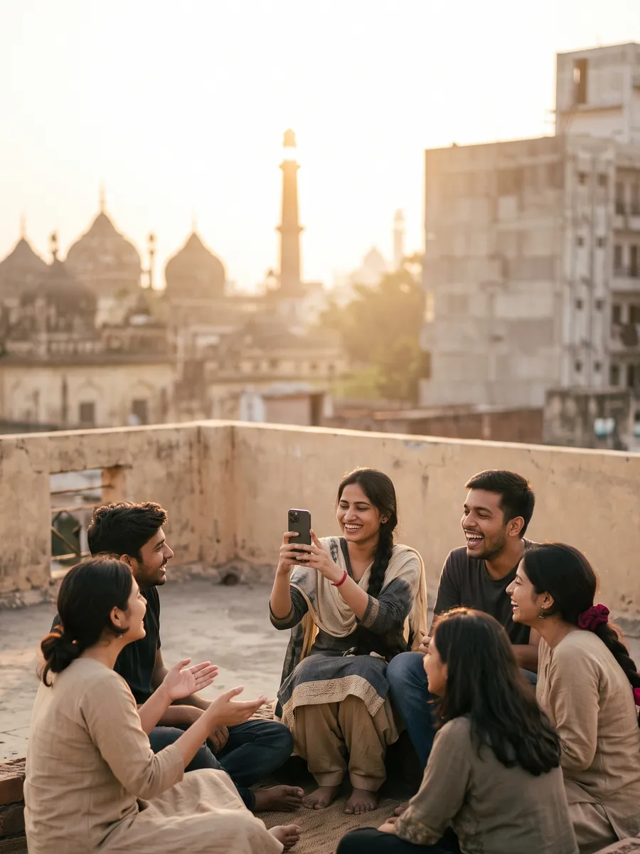 Friends sitting on a rooftop at sunset, watching a reel together on a phone