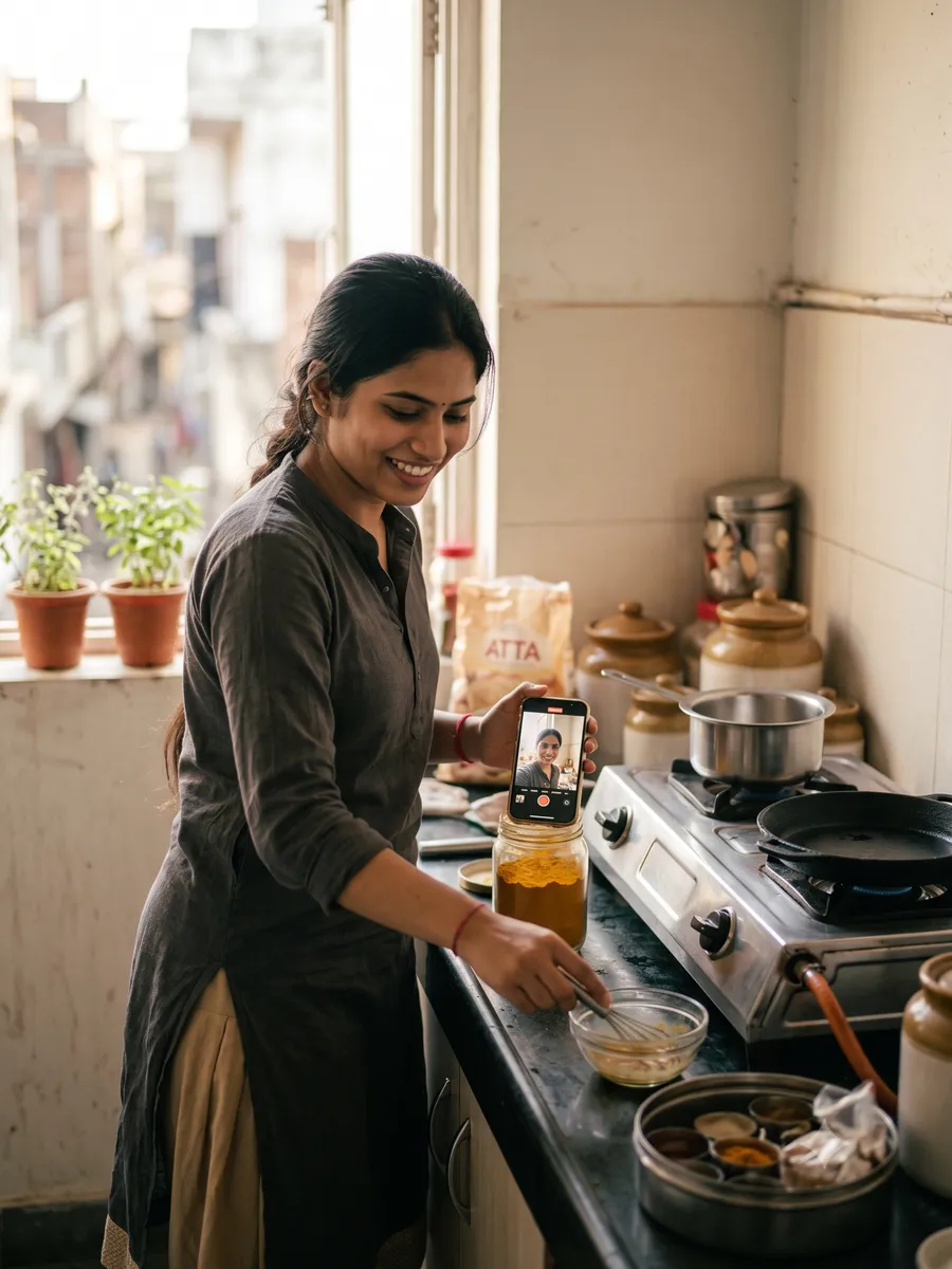 A woman in a home kitchen filming a cooking clip on a phone propped against a jar