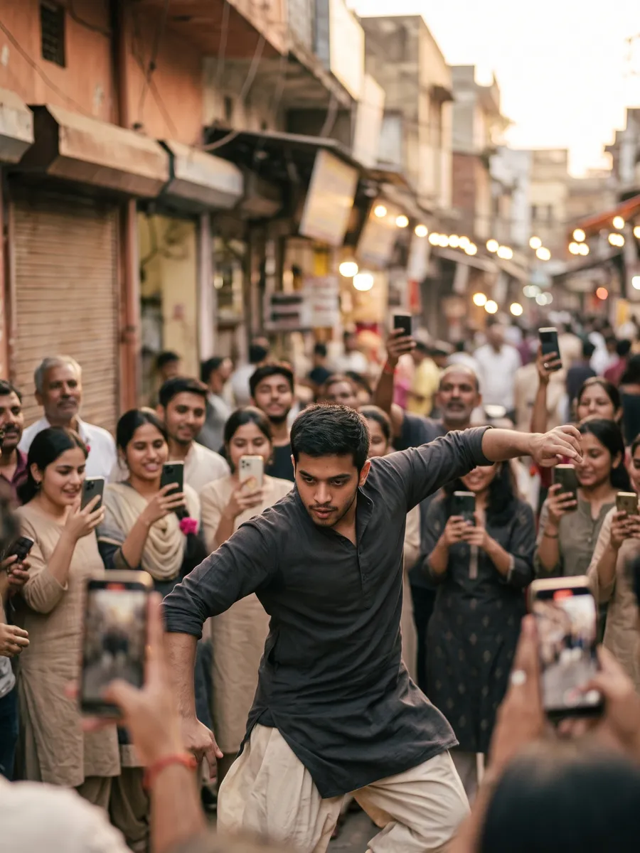 A street dancer mid-move in a market lane while a crowd films on their phones